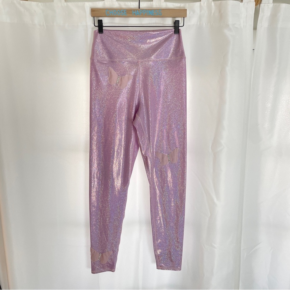 Brittany Allen Shimmery Pink Leggings with butterflies and rhinestones, size XL